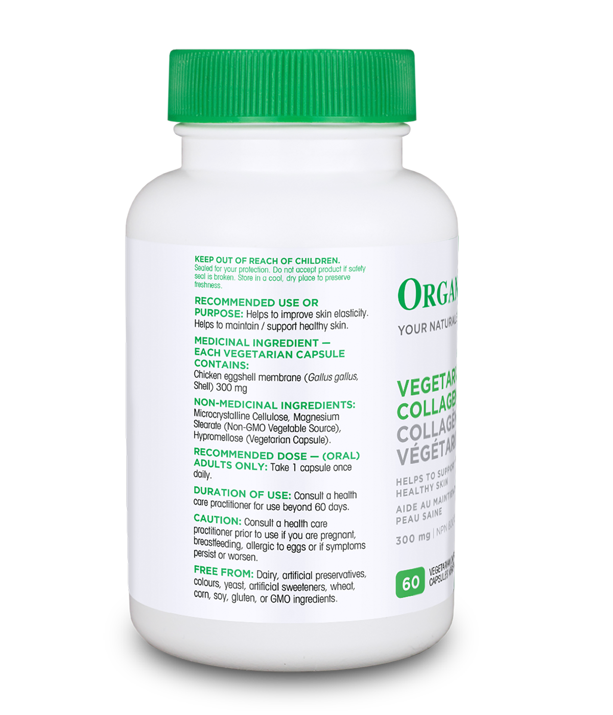 Organika Vegetarian Collagen 300mg 60 Vegetarian capsules Canadian label information