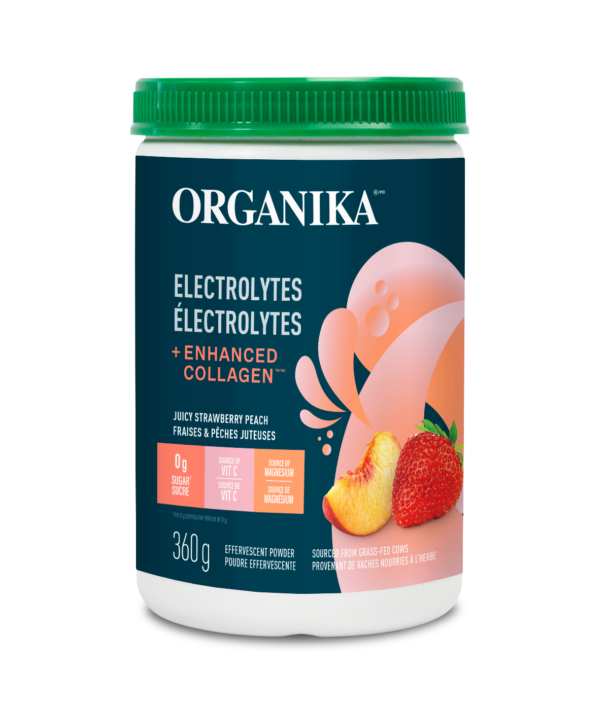 优格康 Organika Electrolytes + Enhanced Collagen™ - Juicy Strawberry Peach, 360 g Canadian version