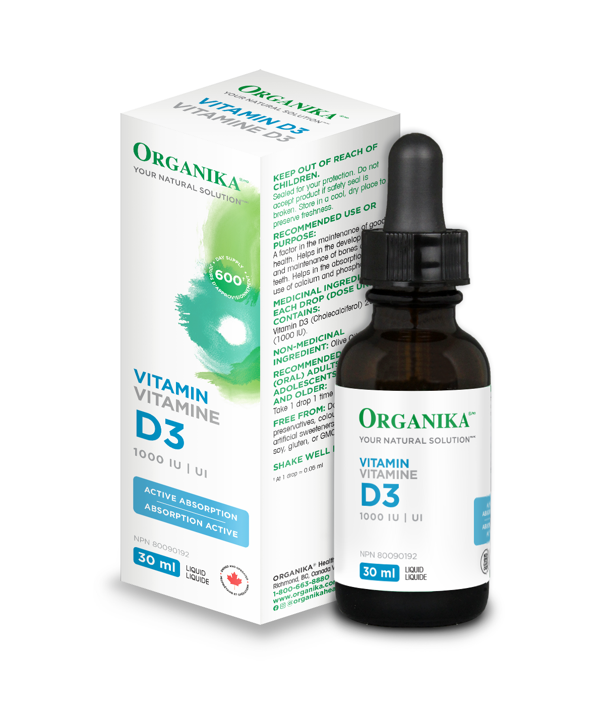 Organika Vitamin D3 Liquid 1000IU 30ml bottle and box photo Canada