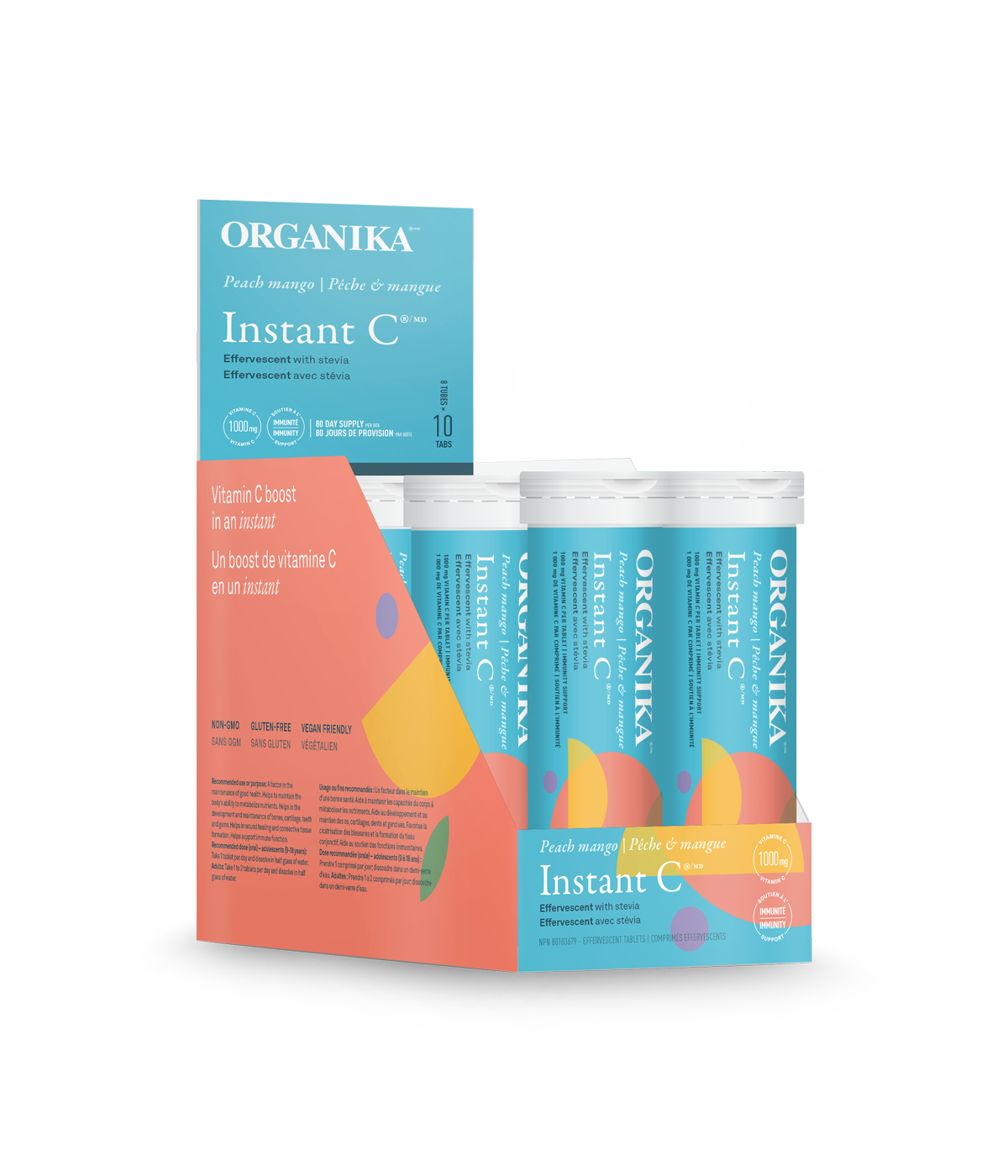 优格康 Organika Instant C Effervescent Peach Mango 1000mg, 10 tabs x 8 tubes