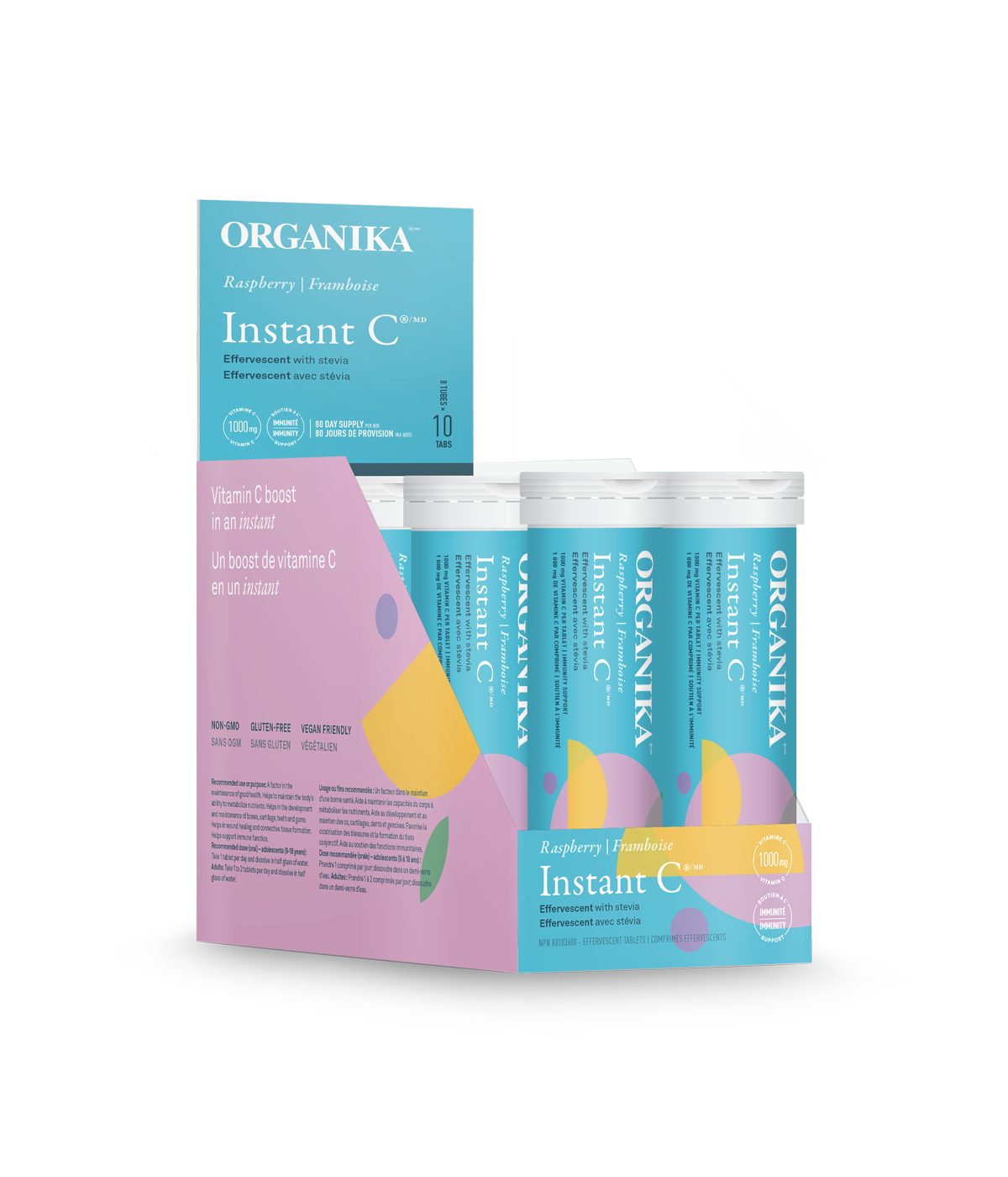 Organika Instant C Effervescent Raspberry 1000mg, 10 tabs x 8 tubes