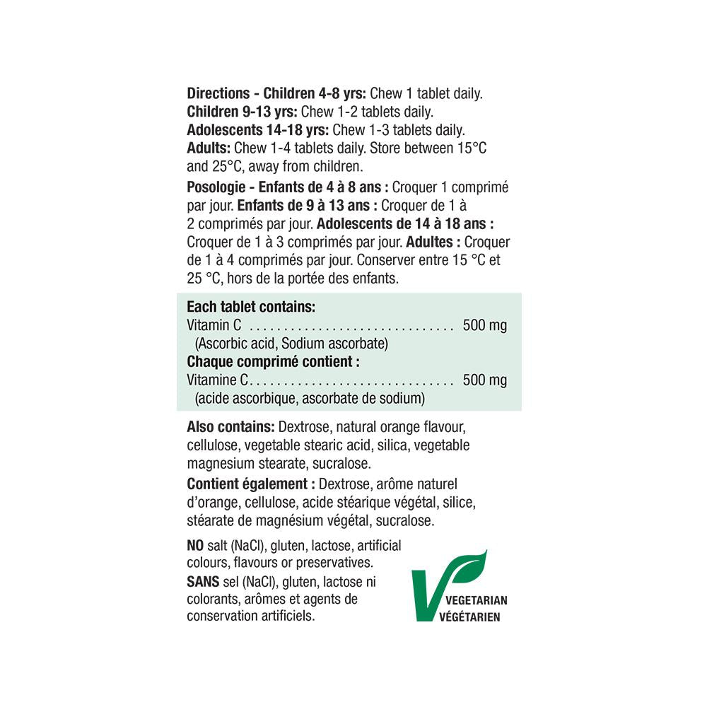 健美生 Jamieson Vitamin C, 500 mg, Tangy Orange  330 chewable tablets Canada packaging ingredient information