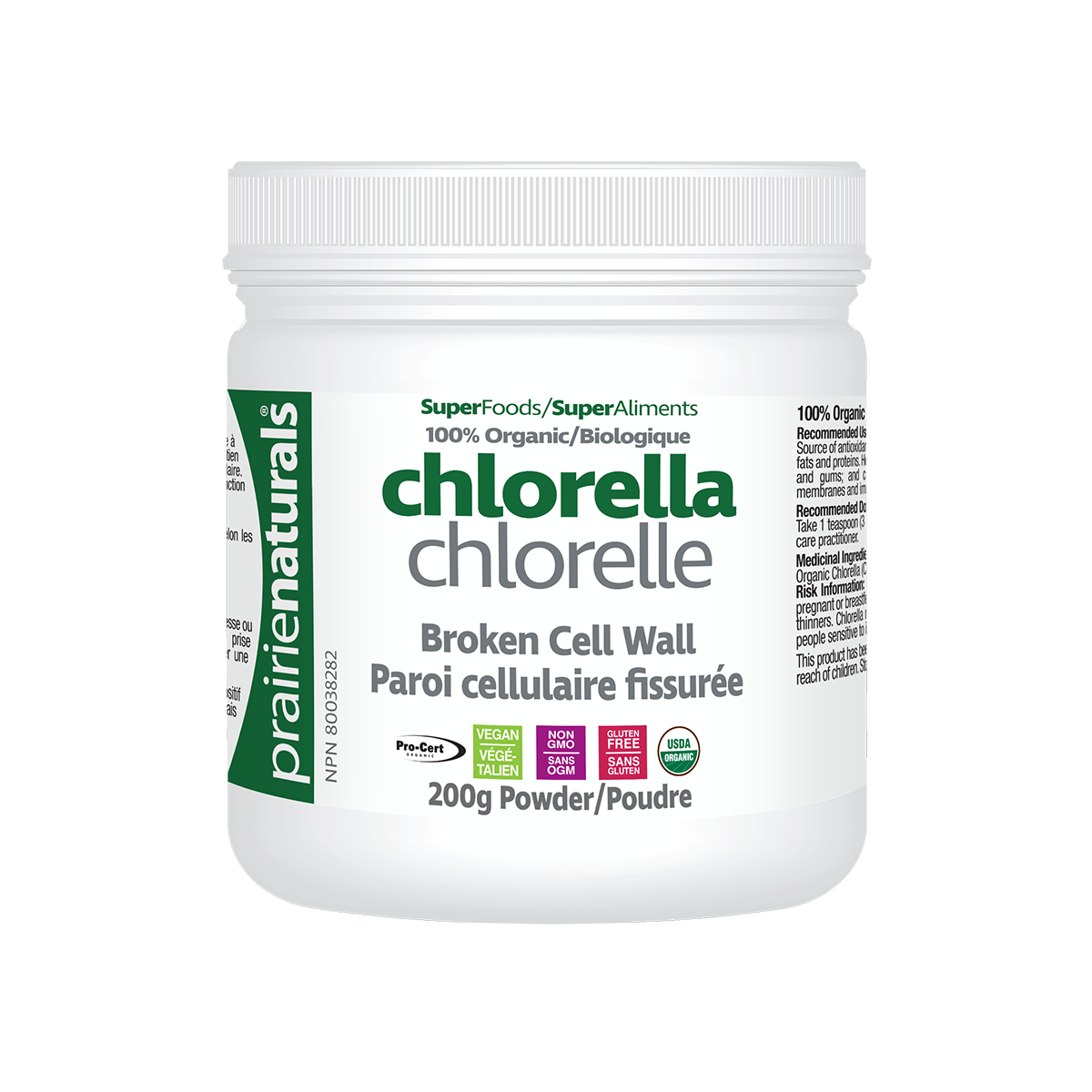 Prairie Naturals Organic Fair-Trade Broken Cell Wall Chlorella Powder 200g