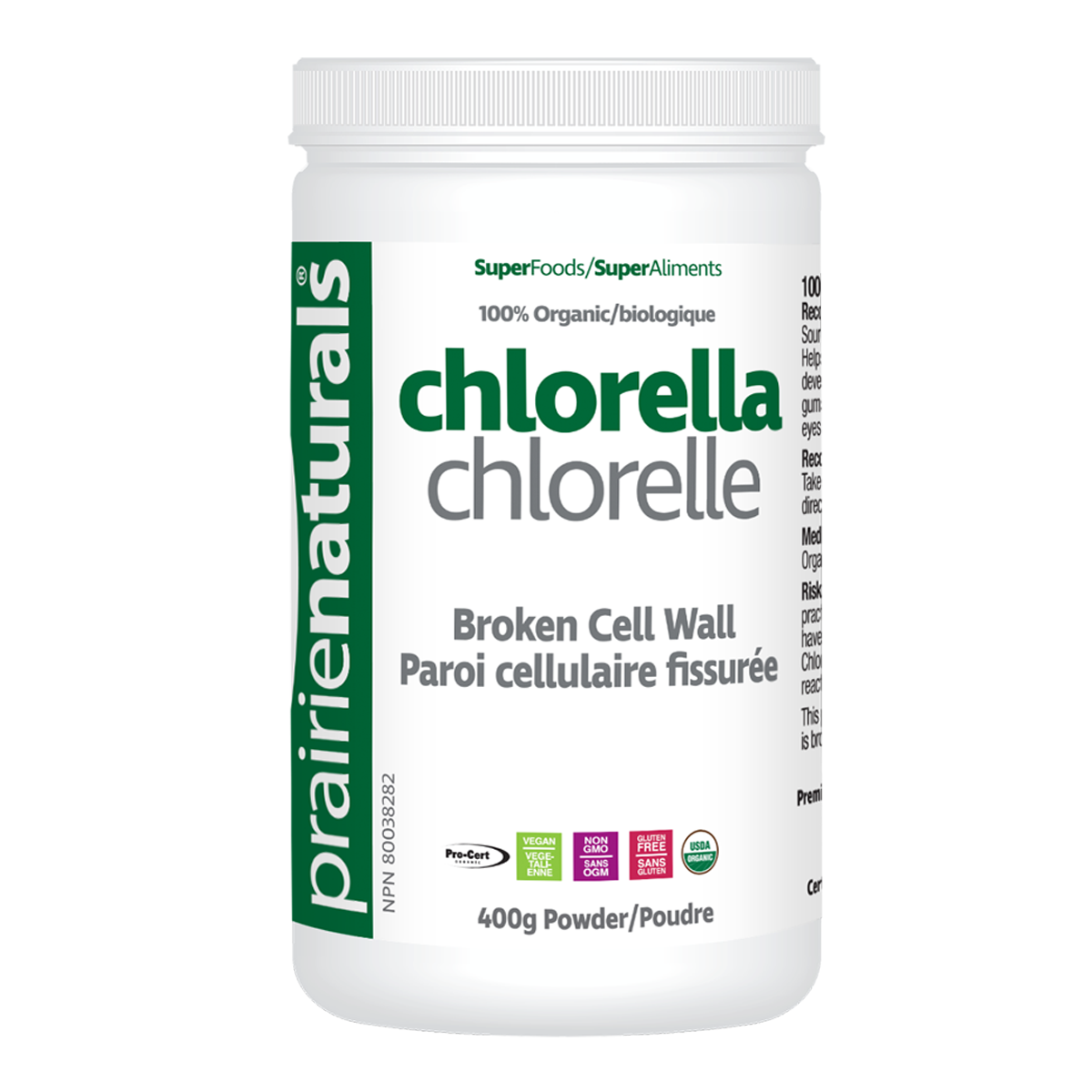 Prairie Naturals Organic Fair-Trade Broken Cell Wall Chlorella Powder 400g