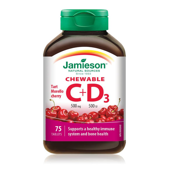 Jamieson维生素C，500毫克+ D3 500IU，樱桃口味咀嚼75片