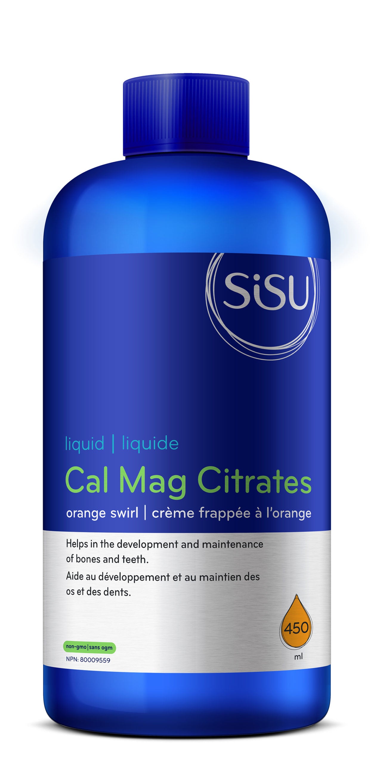 A blue bottle of SISU Liquid Calcium & Magnesium Citrates with orange swirl flavor, creamy fruity & torange, and the text indicates it helps in bone and dental health.