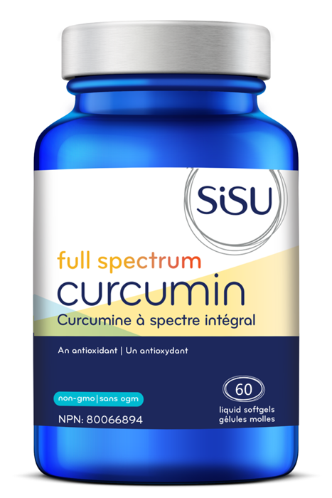 A blue bottle of SISU Full Spectrum Curcumin with 60 softgels. The label indicates it is an antioxidant supplement.
