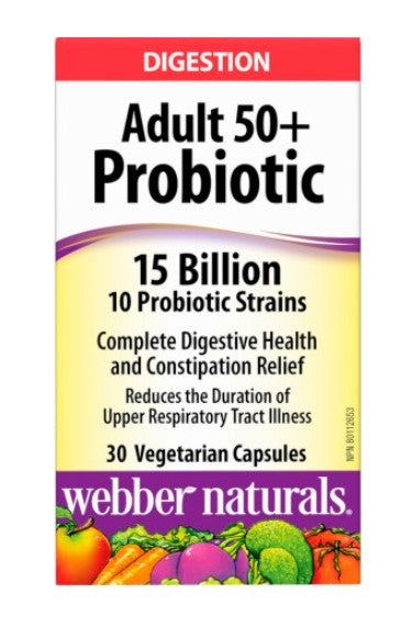 Packaging of Webber Naturals Adult 50+ Probiotic with 30 vegetarian capsules. The label shows '15 Billion 10 Probiotic Strains' and mentions benefits for digestive health.