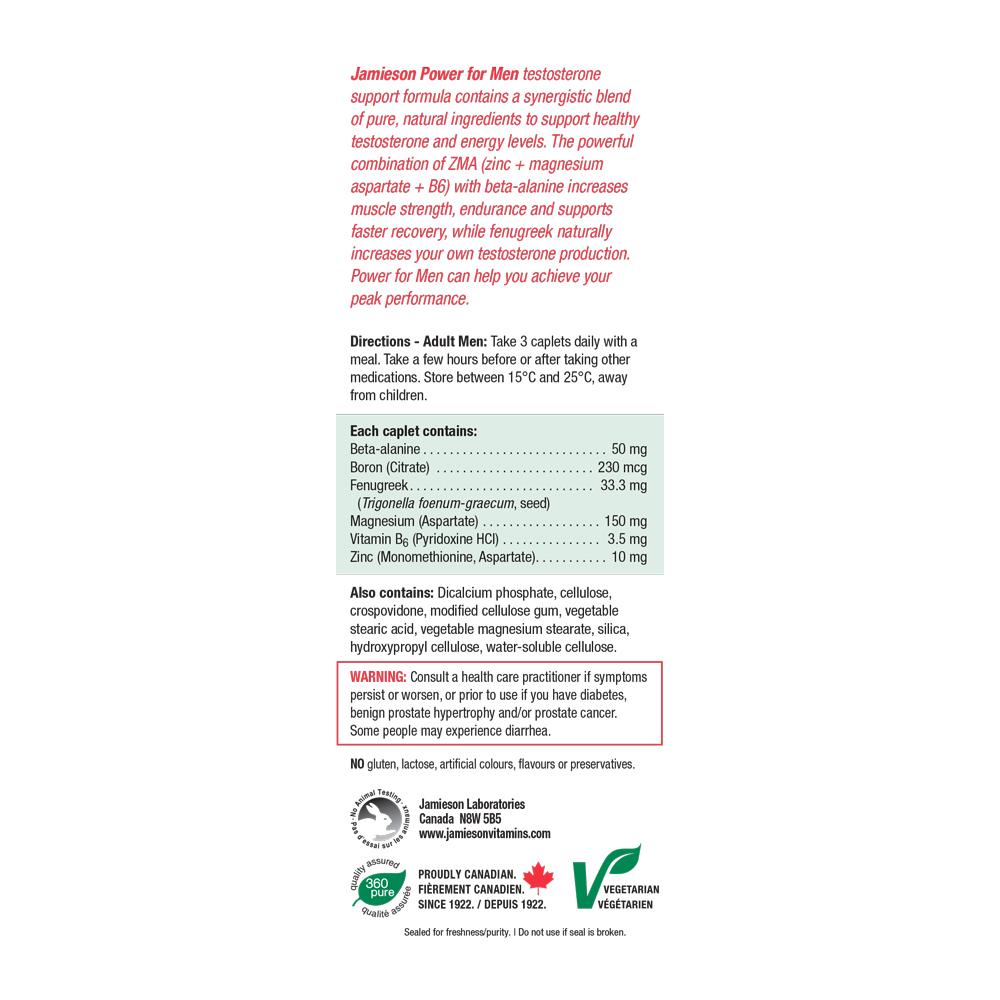 Jamieson Power for Men - Testosterone Support 60 caplets 健美生 ingredients panel