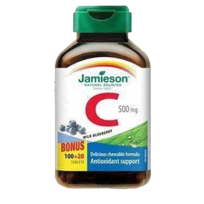 Jamieson Vitamin C, 500 mg, Chewable Blueberry 100 tablets + 20 FREE BONUS Canada
