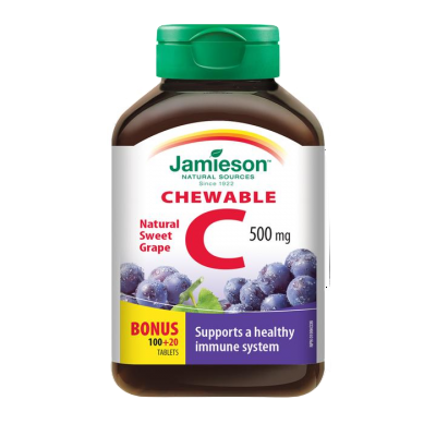 Jamieson Chewable Vitamin C, Grape Juice, 500 mg, 100 tablets + 20 FREE BONUS