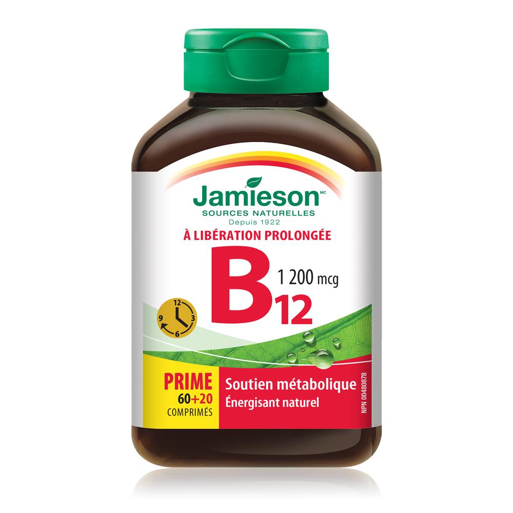 Jamieson Vitamin B12 Methylcobalamin Timed Release 60 + 20 tablets bottle photo showing french label canada