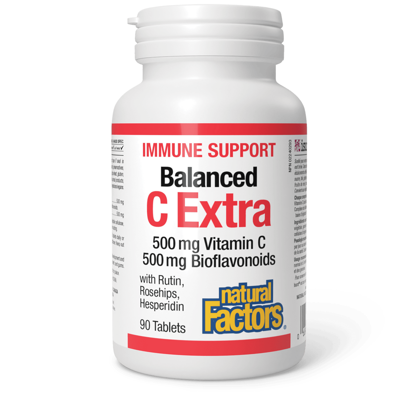 A bottle of Natural Factors Balanced C Extra, a vitamin C supplement with bioflavonoids, rutin, rosehips, and hesperidin. Natural Vitamin Direct inc Canada natvd.com