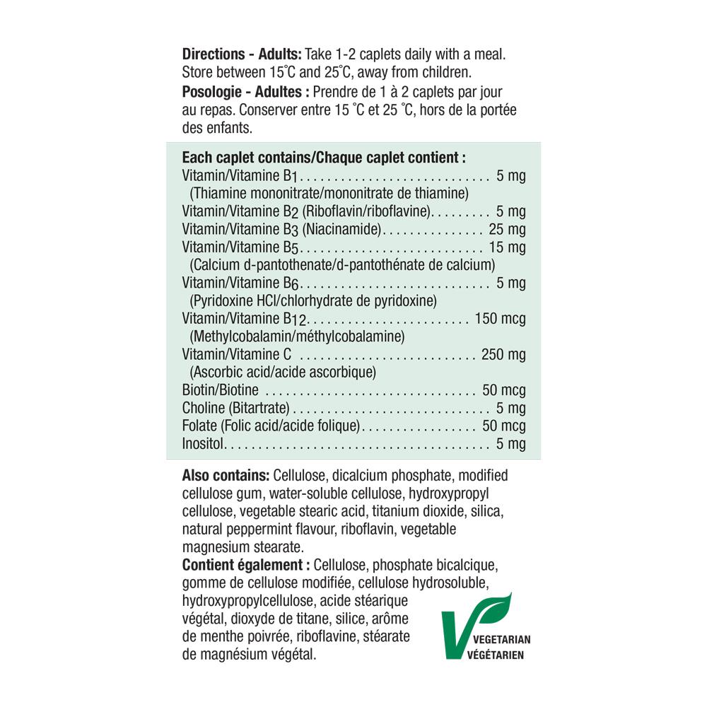 健美生 Jamieson Vitamin B Complex with Vitamin C, 100 caplets Canada information panel