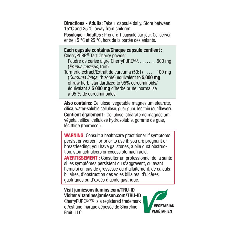  健美生  Jamieson Tart Cherry + Turmeric 30 capsules ingredients panel canadian packaging