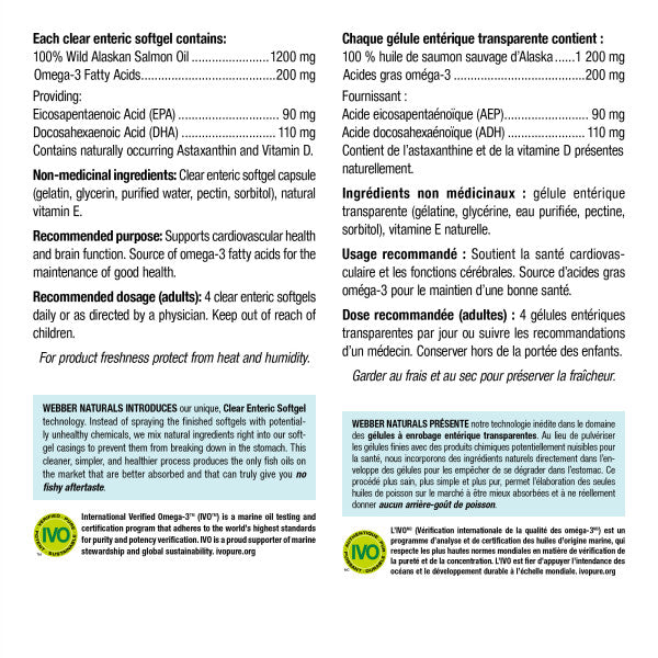 Webber Naturals Wild Alaskan Salmon Oil, 200 mg EPA/DHA, 220 Clear Enteric Softgels