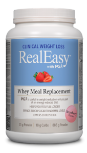 A container of Natural Factors RealEasy with PGX Whey Meal Replacement in Strawberry flavor, showing the product name, weight, and additional information.